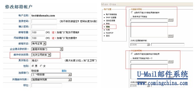 U-Mail邮件系统收发权限管理图